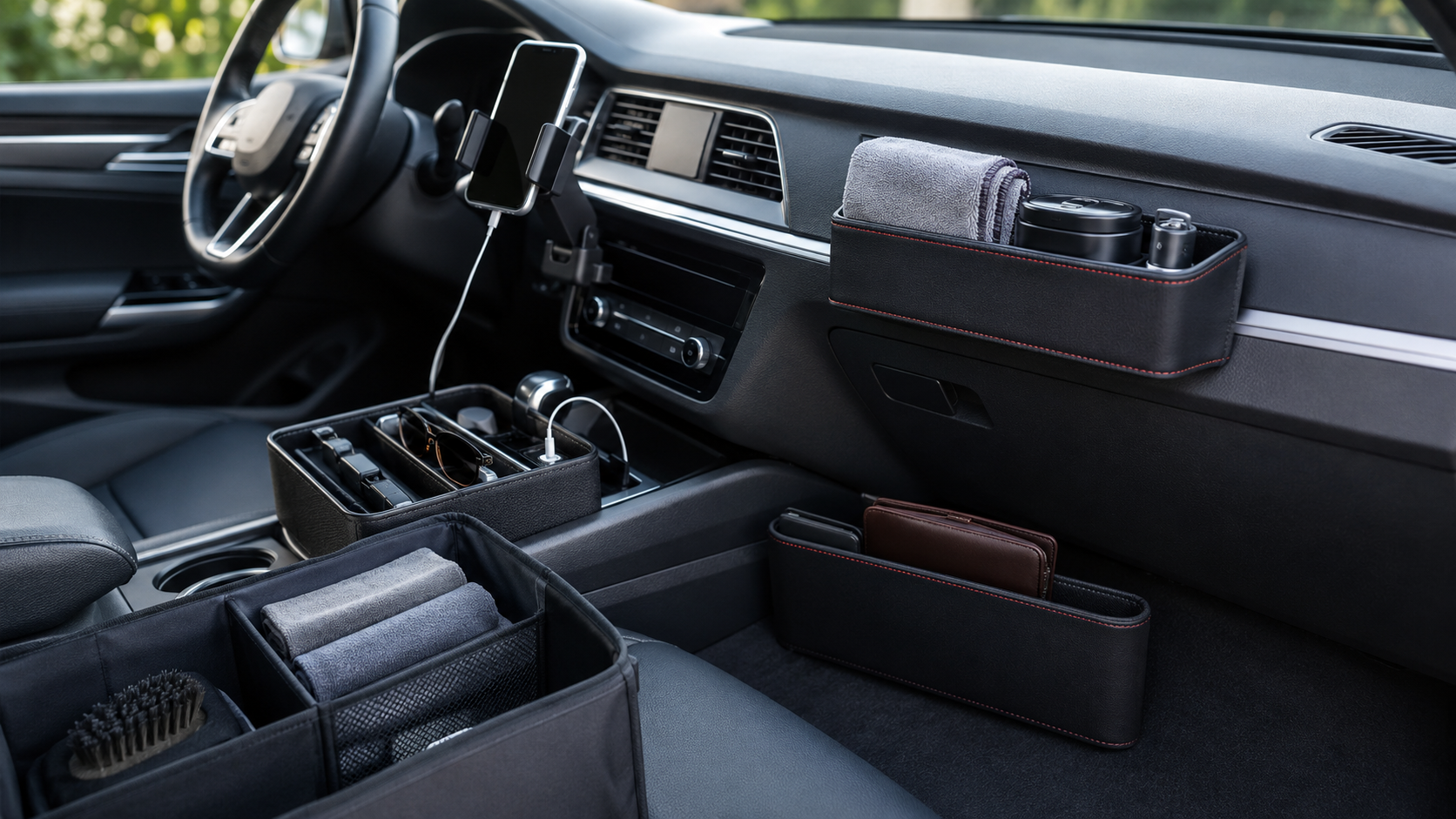 Automotive accessories organized inside a car
