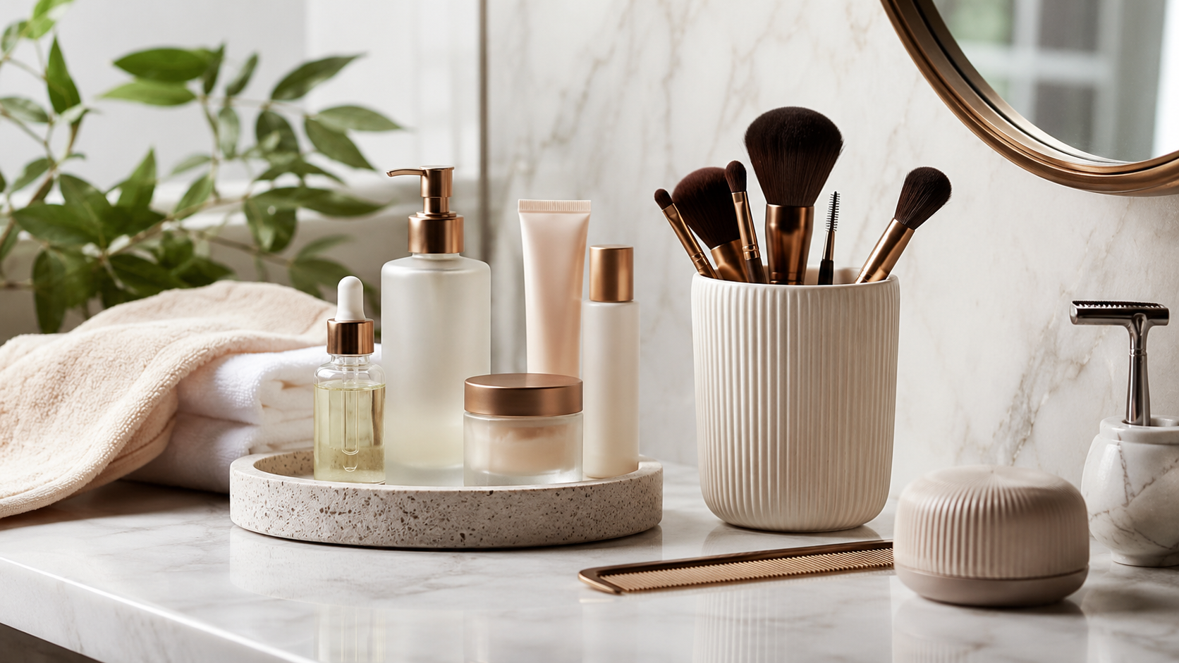 Beauty and grooming accessories on a bathroom vanity