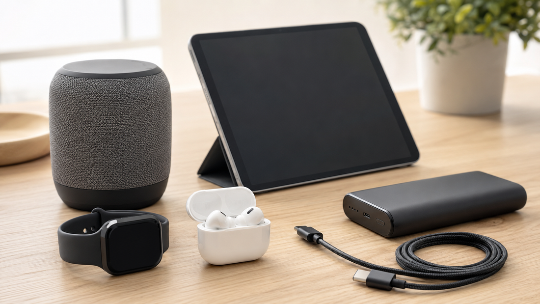 Electronics and smart devices on a wooden desk