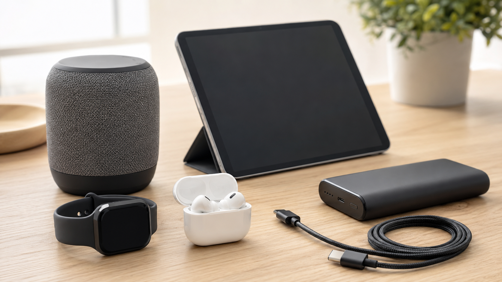 Electronics and smart devices on a wooden desk