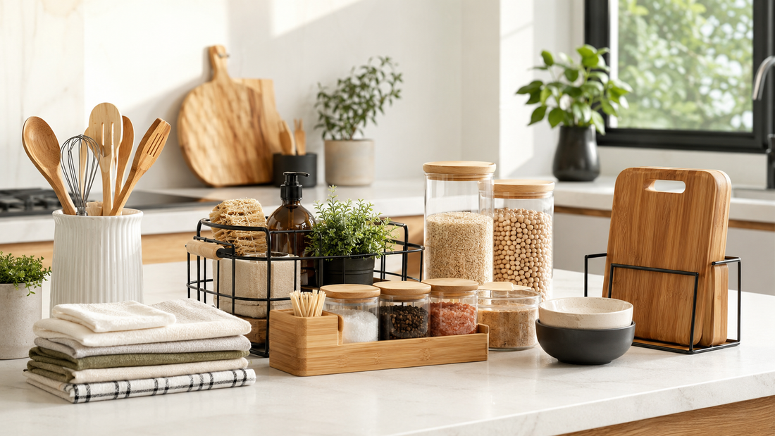 Home and kitchen essentials arranged on a clean counter