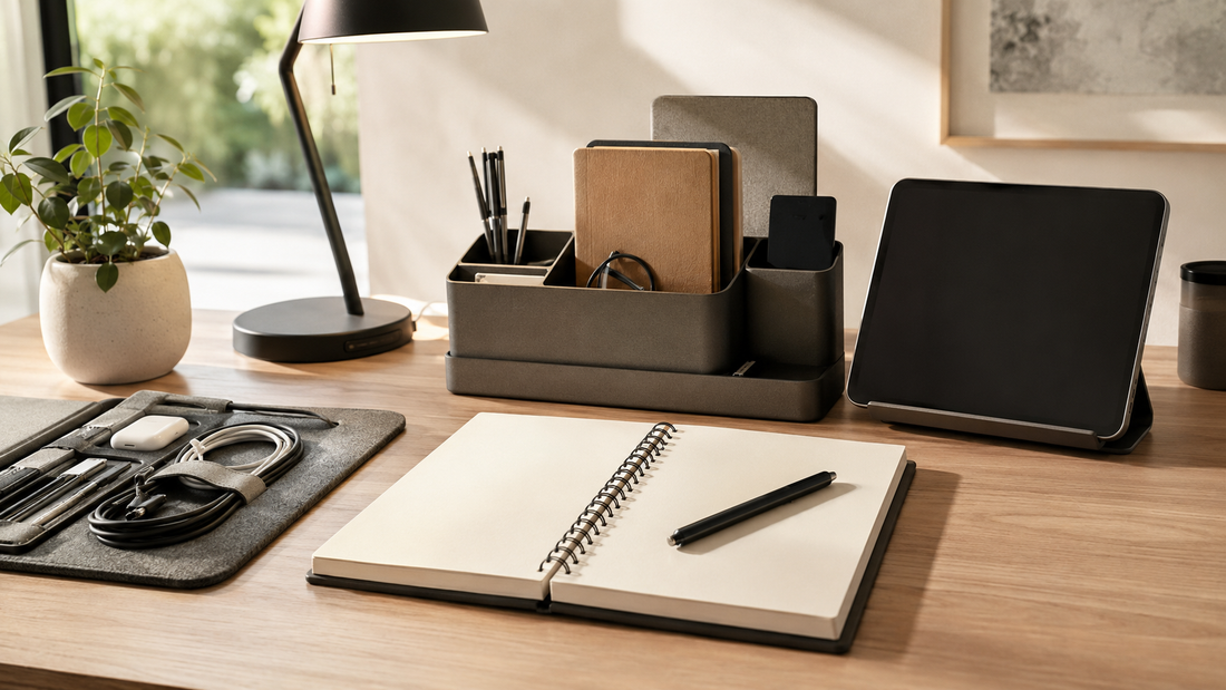 Office and study products arranged on a tidy desk