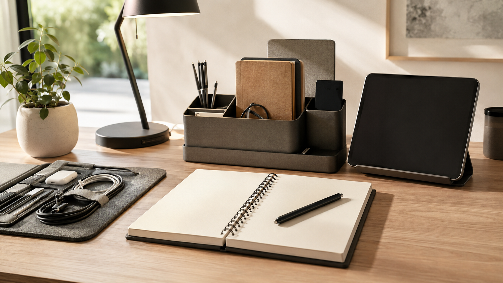 Office and study products arranged on a tidy desk