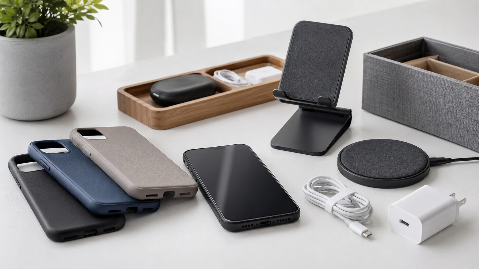 Phone accessories arranged on a clean desk