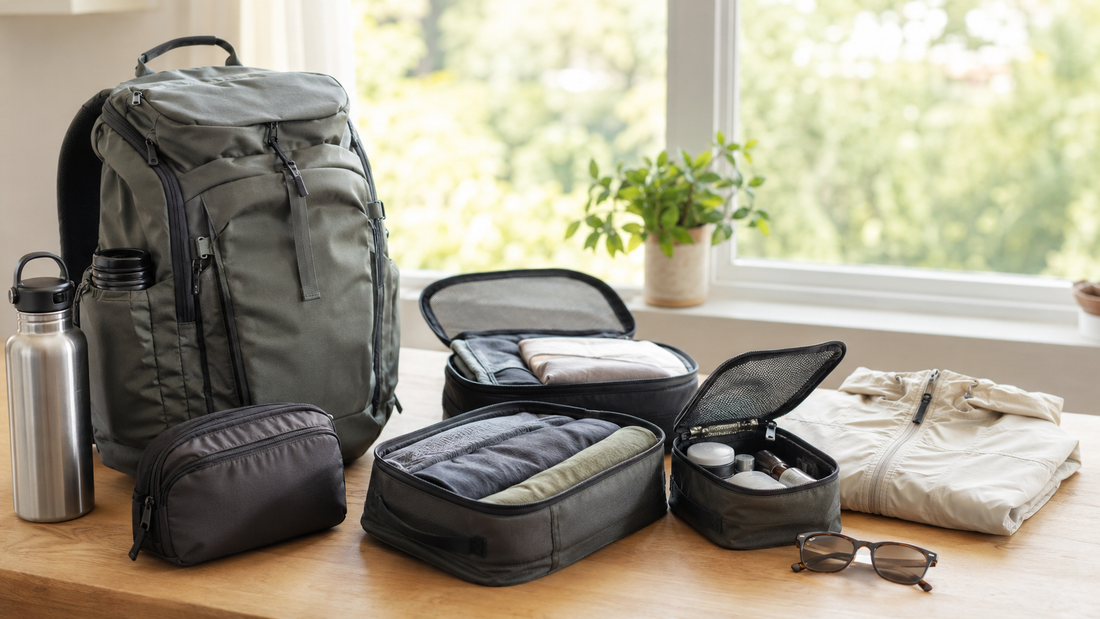 Travel and outdoor essentials packed for a short trip