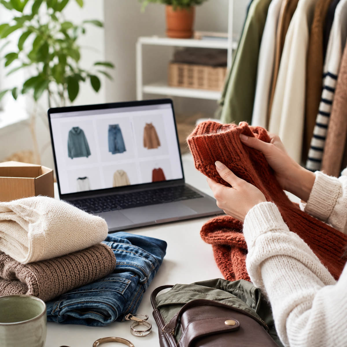 Secondhand clothing being reviewed beside an unbranded laptop