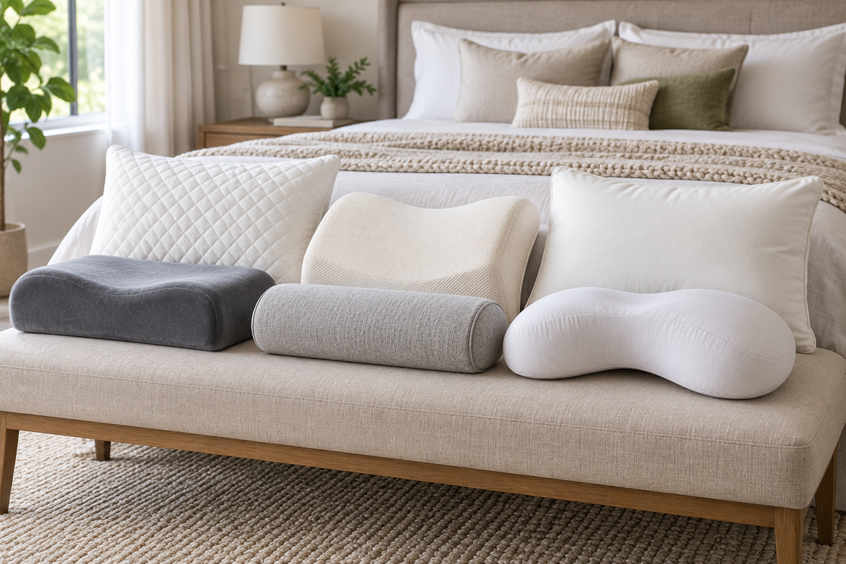 Supportive pillow shapes displayed for material and contour comparison