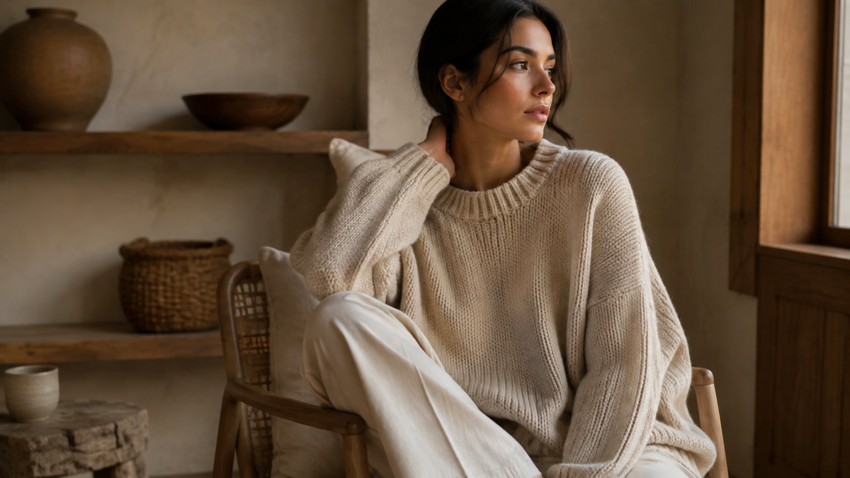 Woman wearing a cream oversized sweater in a warm interior