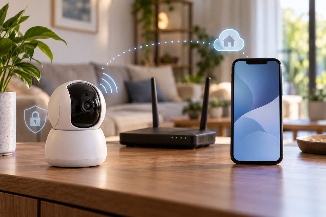 P2P wireless IP camera beside a router and smartphone