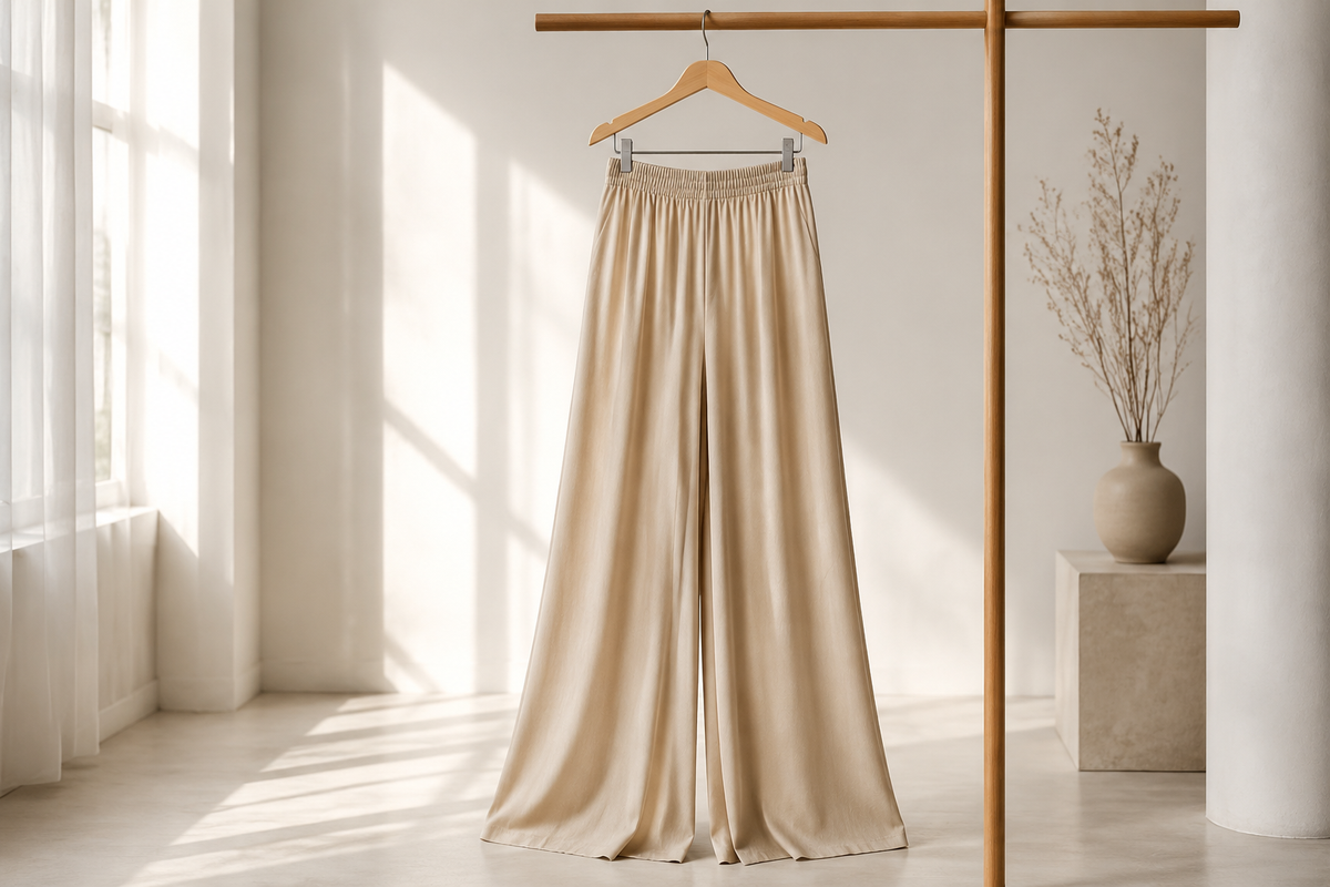 Flowy unbranded palazzo pants in a bright studio