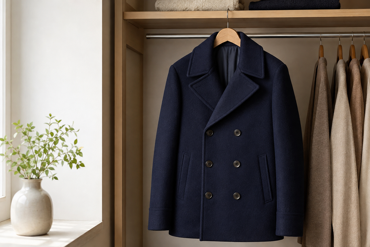 Classic navy pea coat in a bright minimal wardrobe