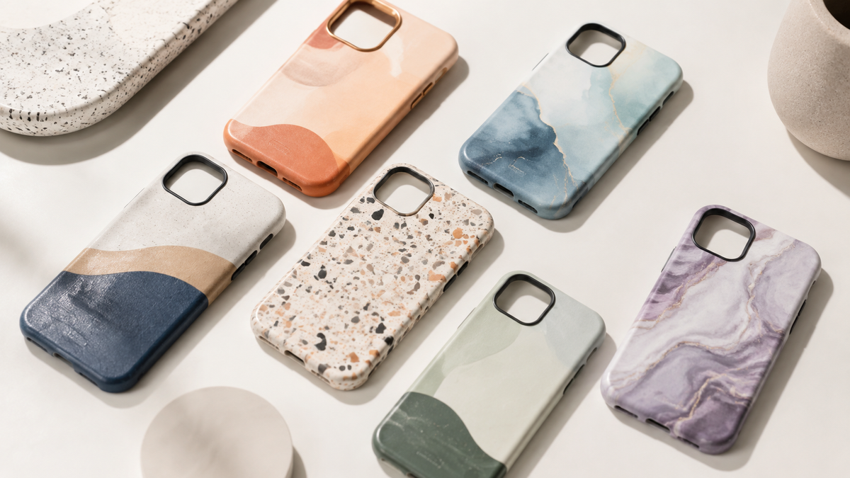 Assorted customizable smartphone cases with abstract patterns