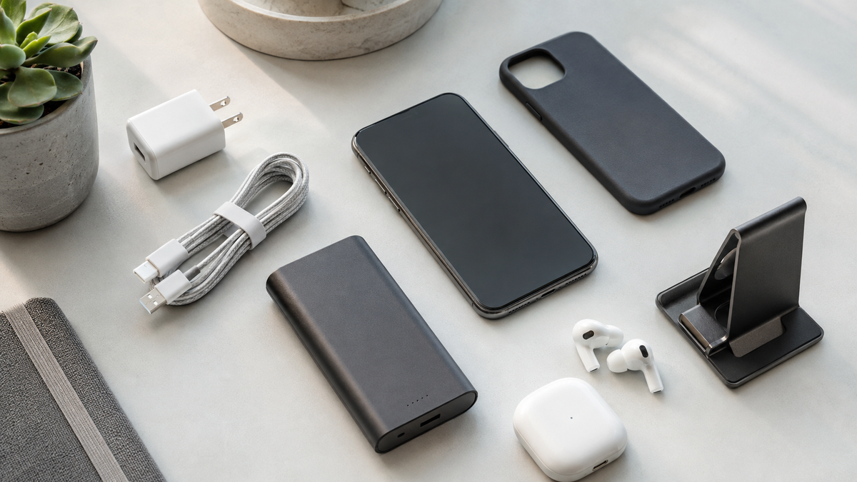 Generic phone accessories arranged on a clean desk