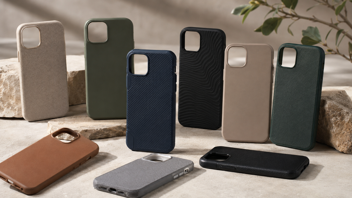 Protective phone cases in varied neutral colors and textures