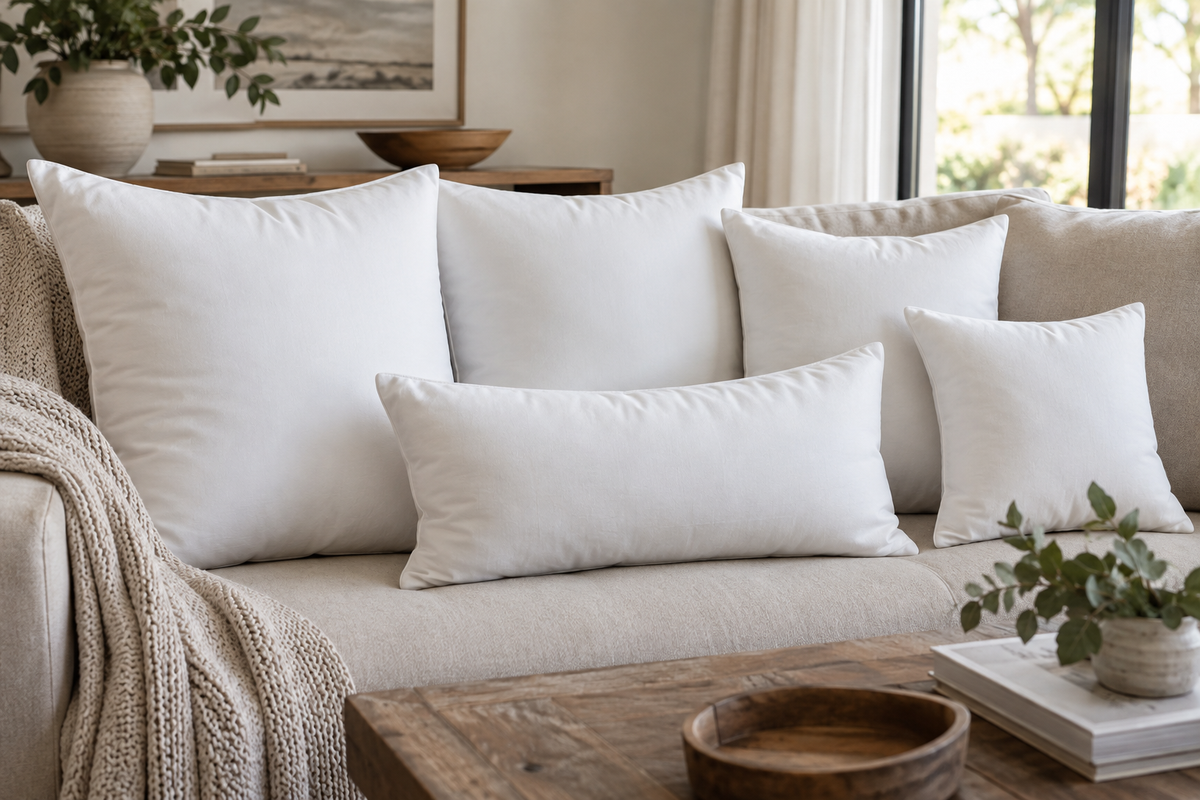 Plain pillow inserts arranged on a sofa