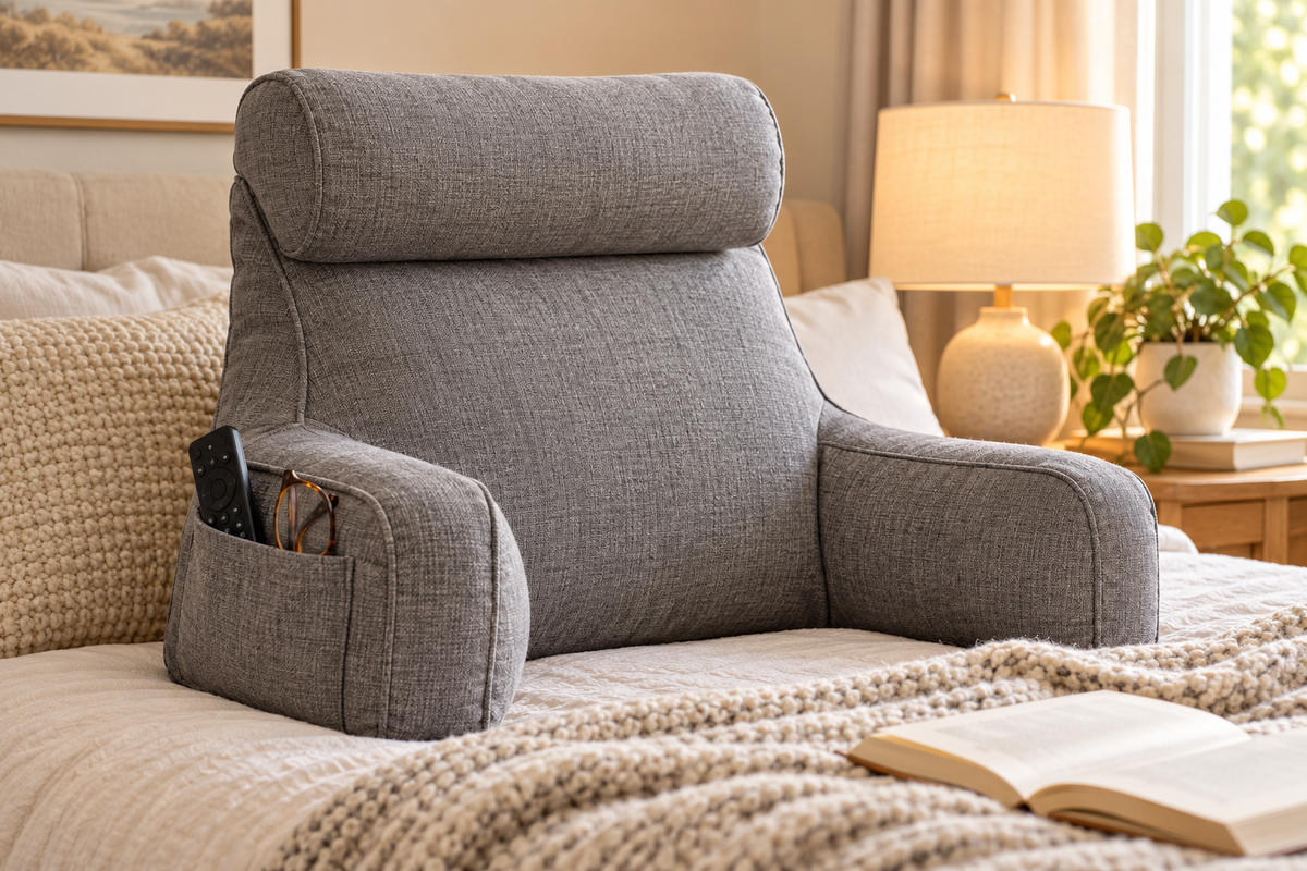 Reading pillow with a fabric side pocket