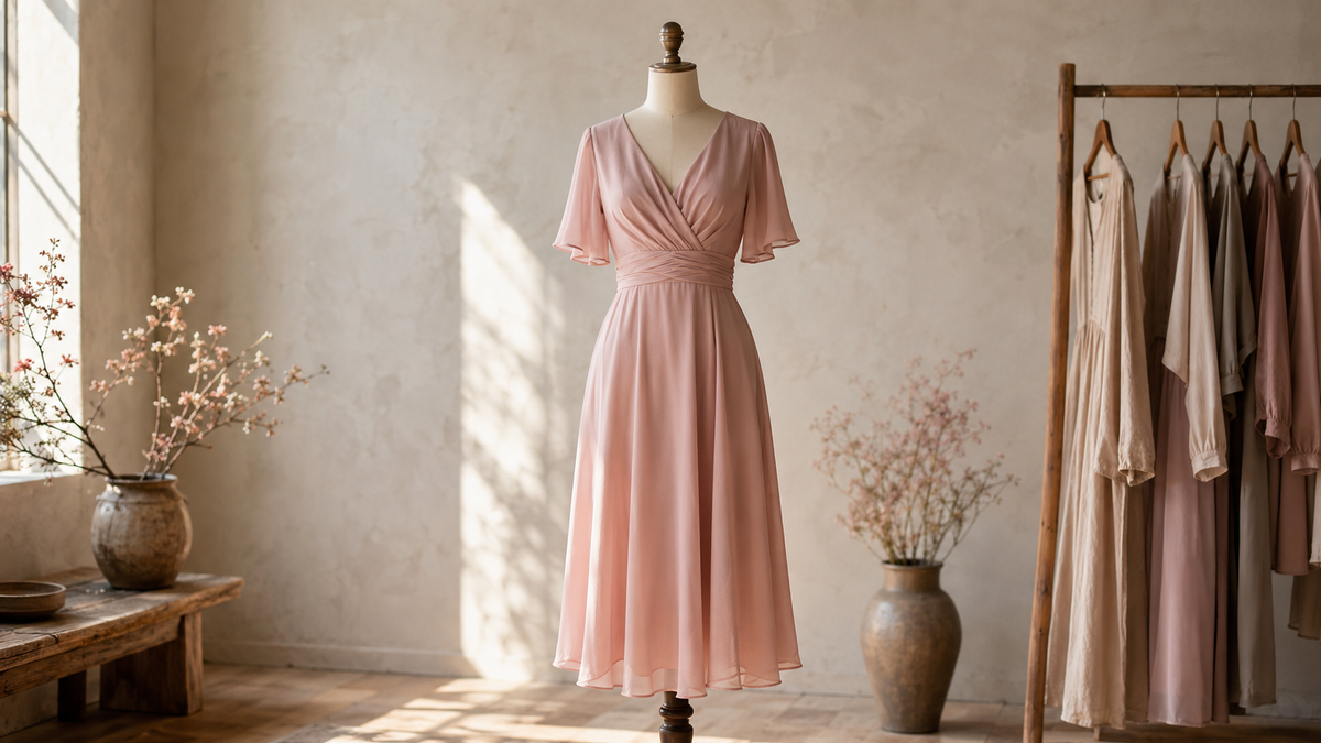 Soft pink dress displayed in a warm minimalist studio