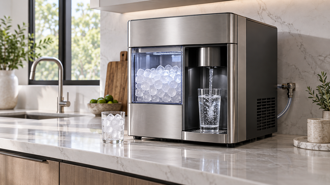 Plumbed countertop ice maker and water dispenser