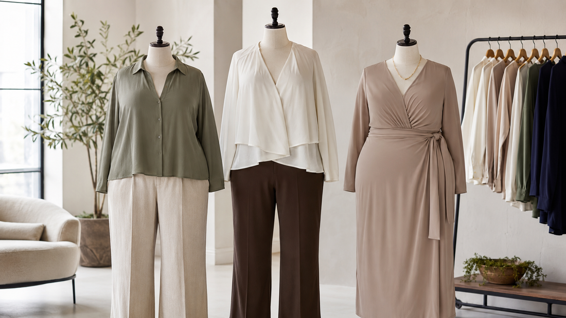 Stylish plus size clothing displayed in a bright studio
