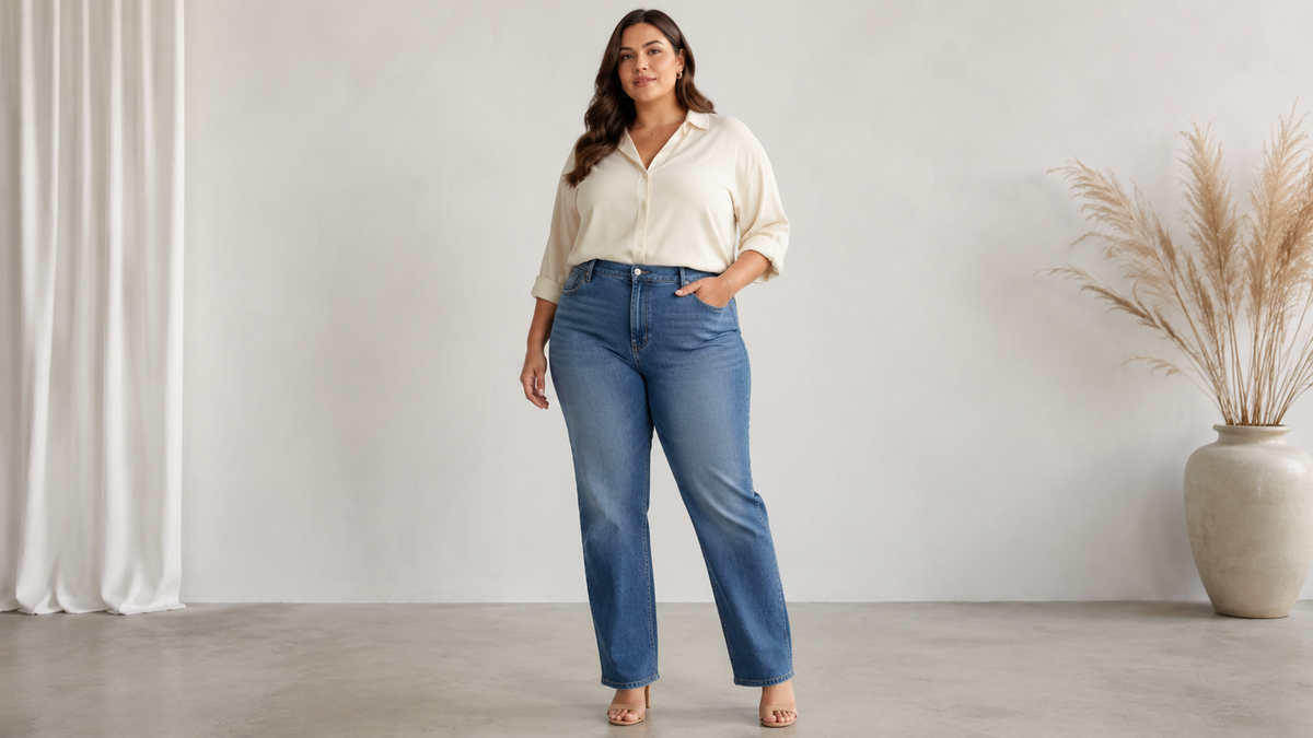 Plus size straight-leg jeans in a clean fashion studio