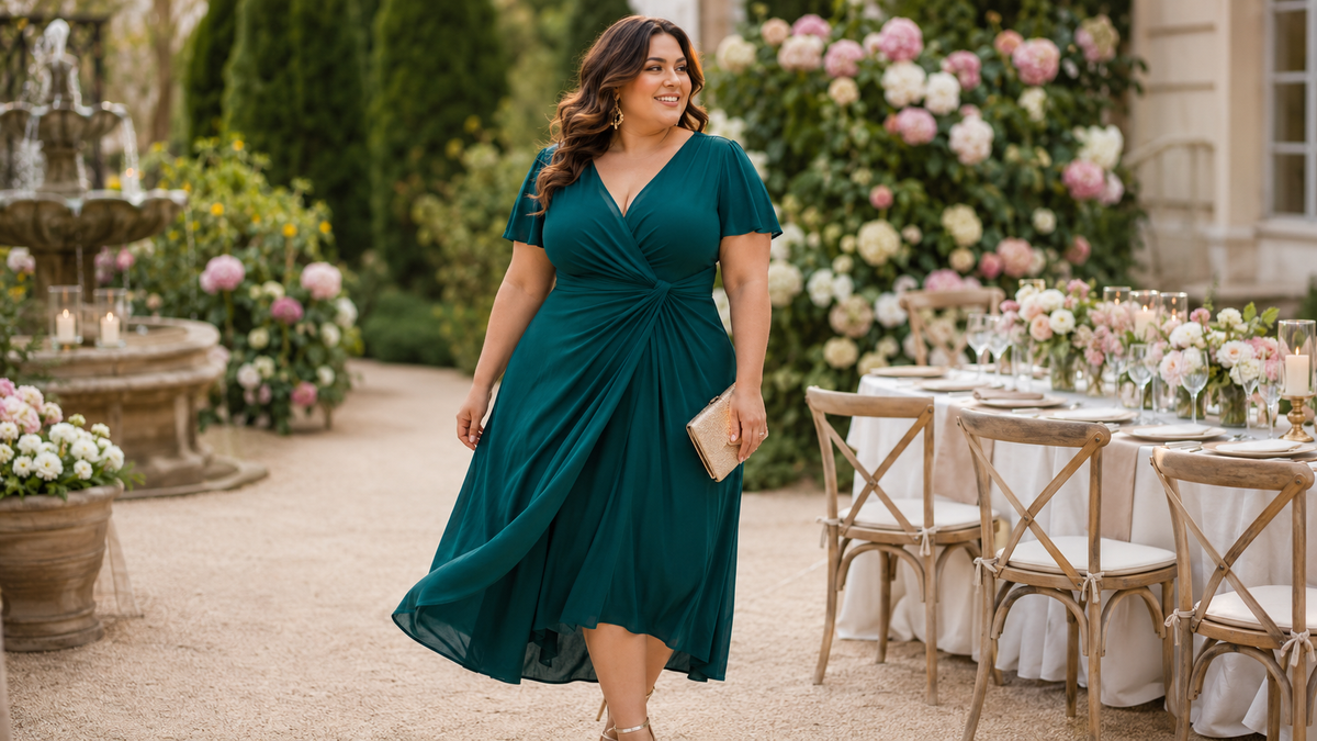 Plus size woman wearing an elegant wedding guest dress