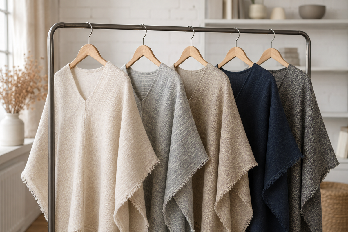 Neutral poncho shirts displayed on wooden hangers