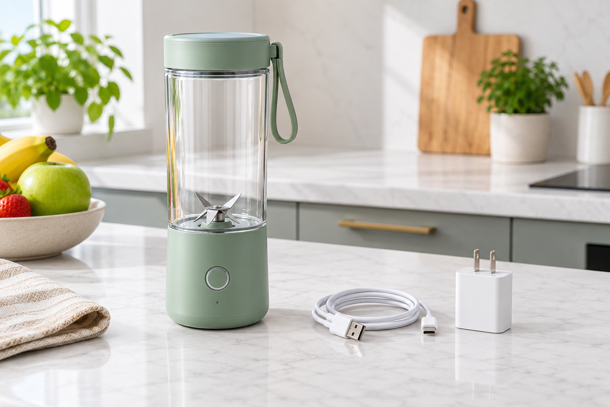 Portable blender beside a USB charging cable and adapter
