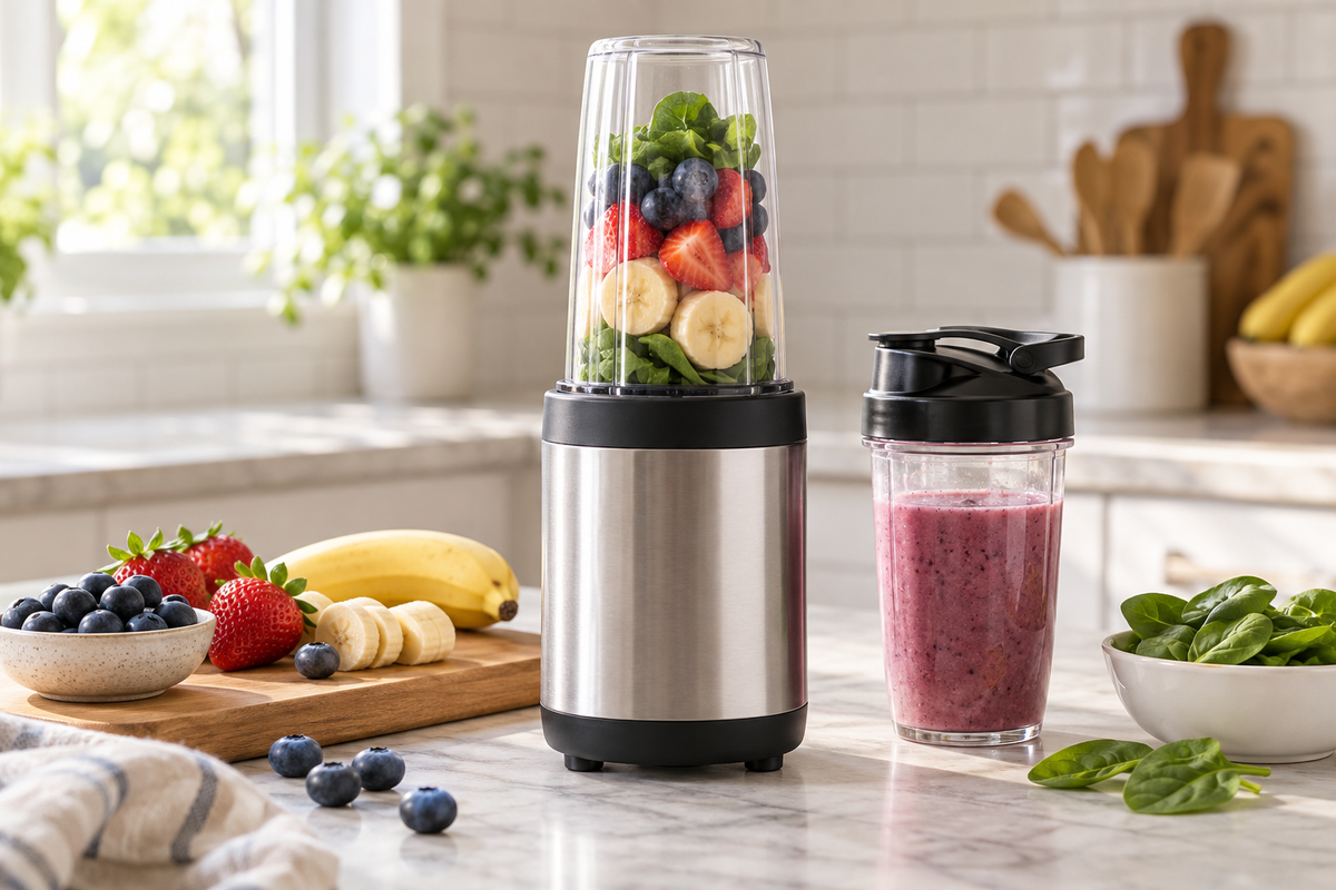 Compact bullet-style personal blender on a kitchen counter
