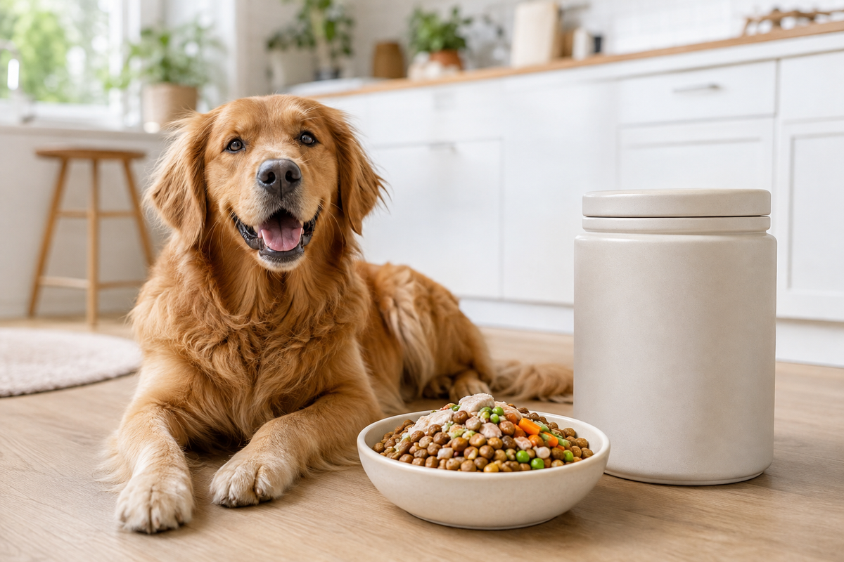 Healthy dog beside a bowl of dry food and an unbranded storage container