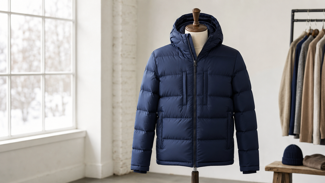 Navy puffer jacket displayed in a bright winter studio