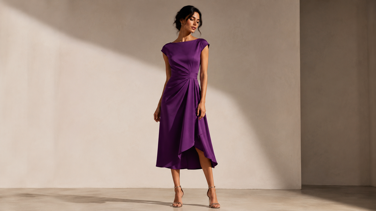 Woman wearing a refined purple midi dress