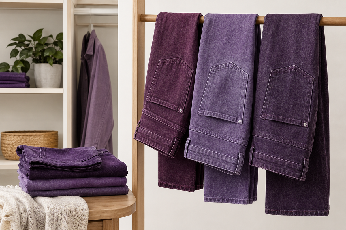 Purple jeans in several denim shades in a modern wardrobe