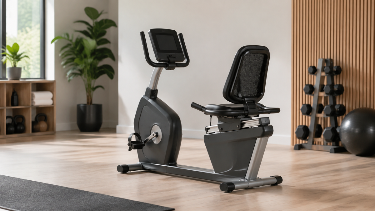 Recumbent exercise bike in a bright home gym
