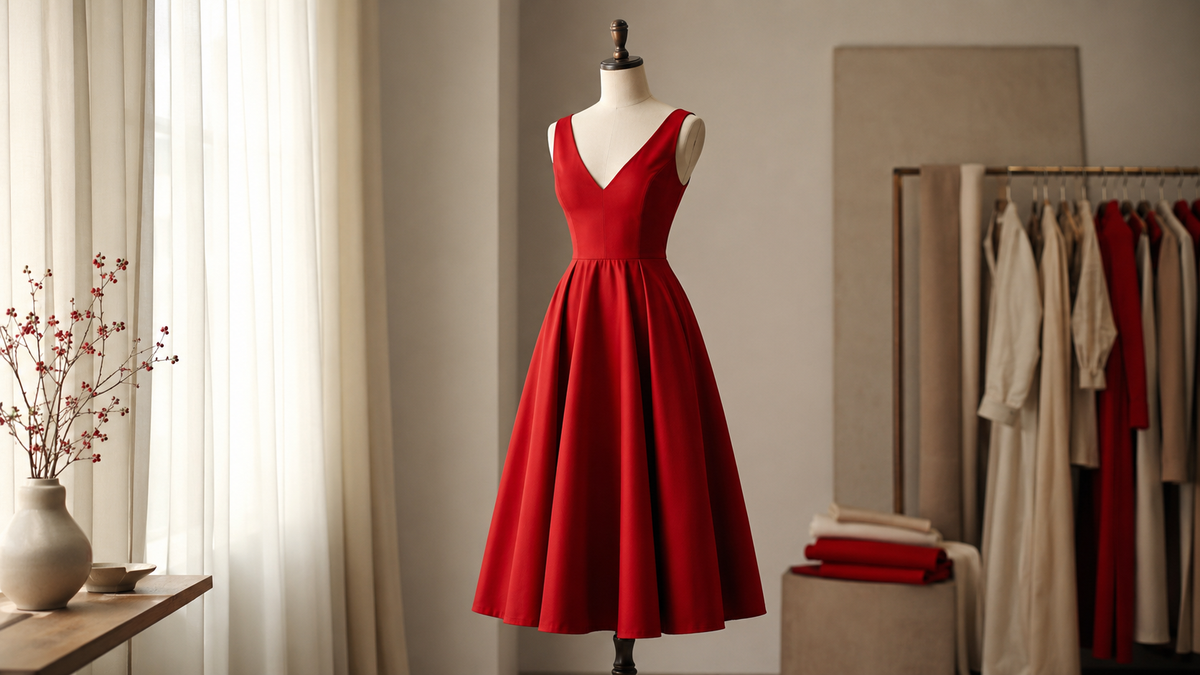Elegant red dress displayed in a minimalist studio