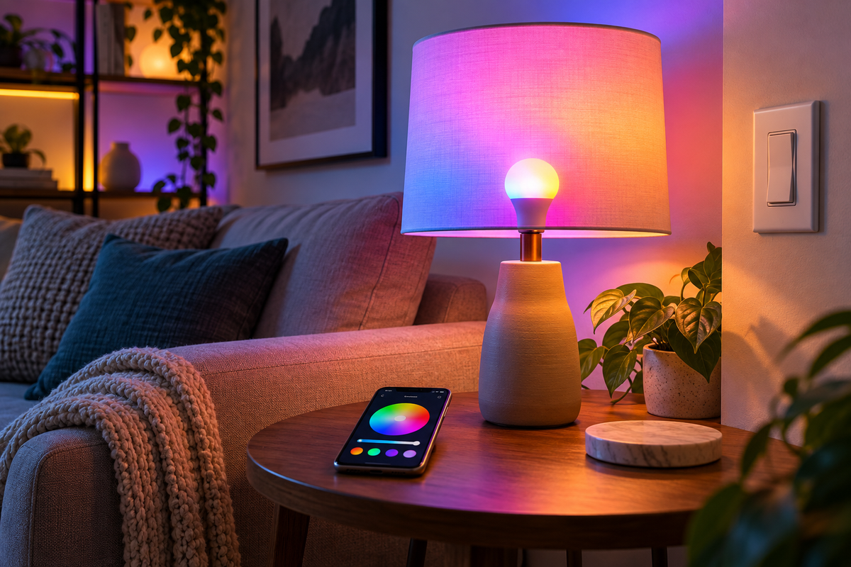 Color-changing LED bulb with smartphone and physical wall switch
