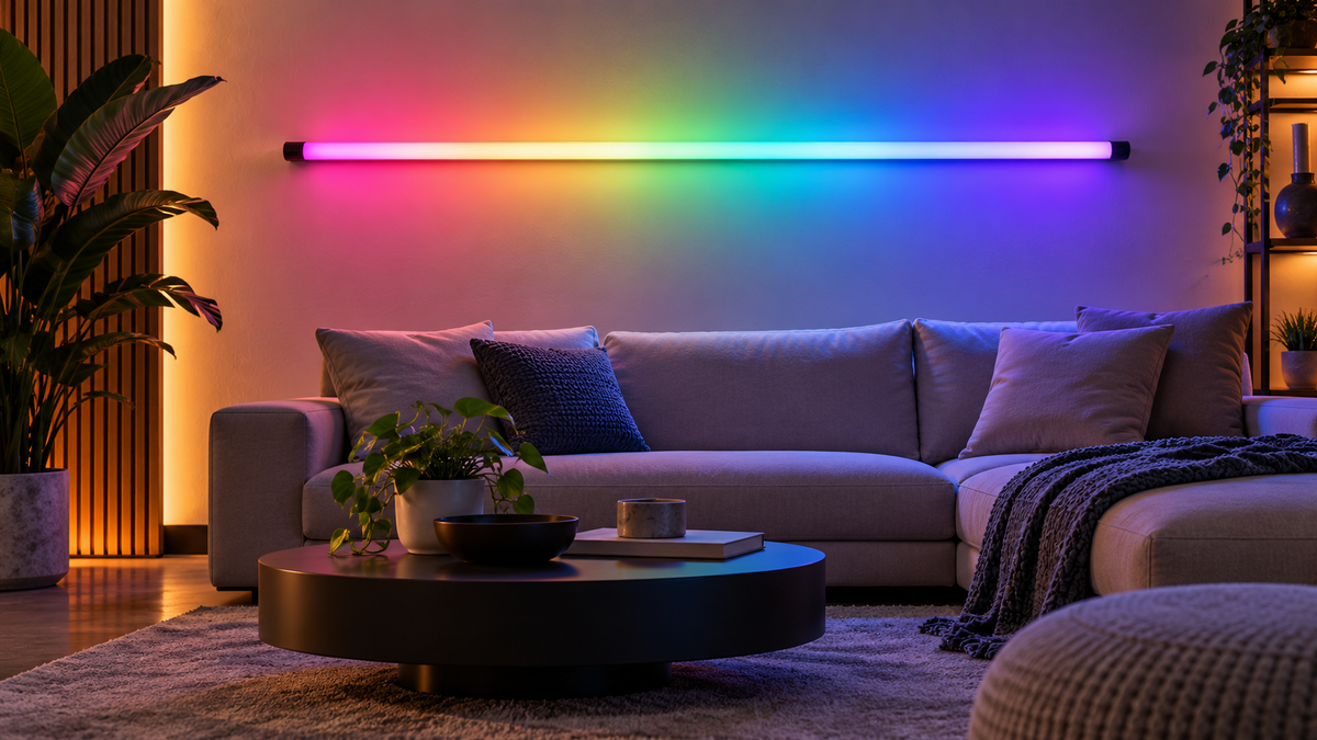 RGB LED tube light casting multicolor ambient light on a modern wall