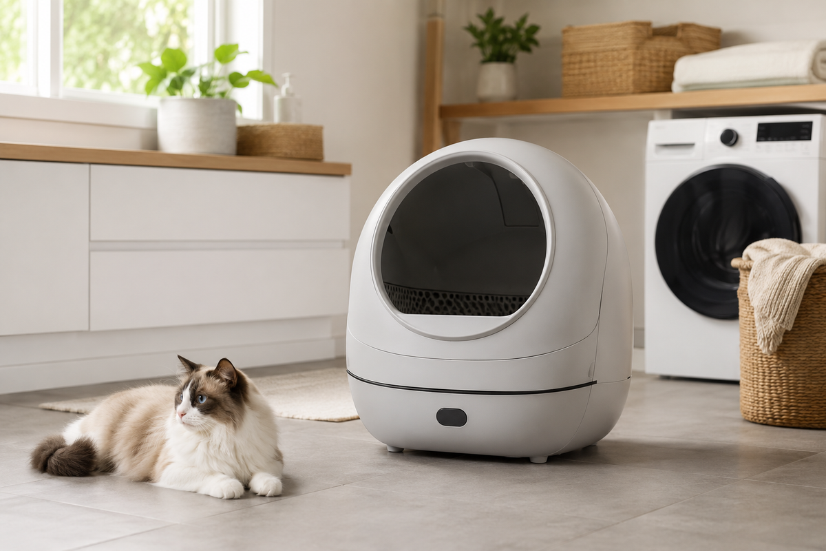 Automatic self-cleaning cat litter box in a clean home setting