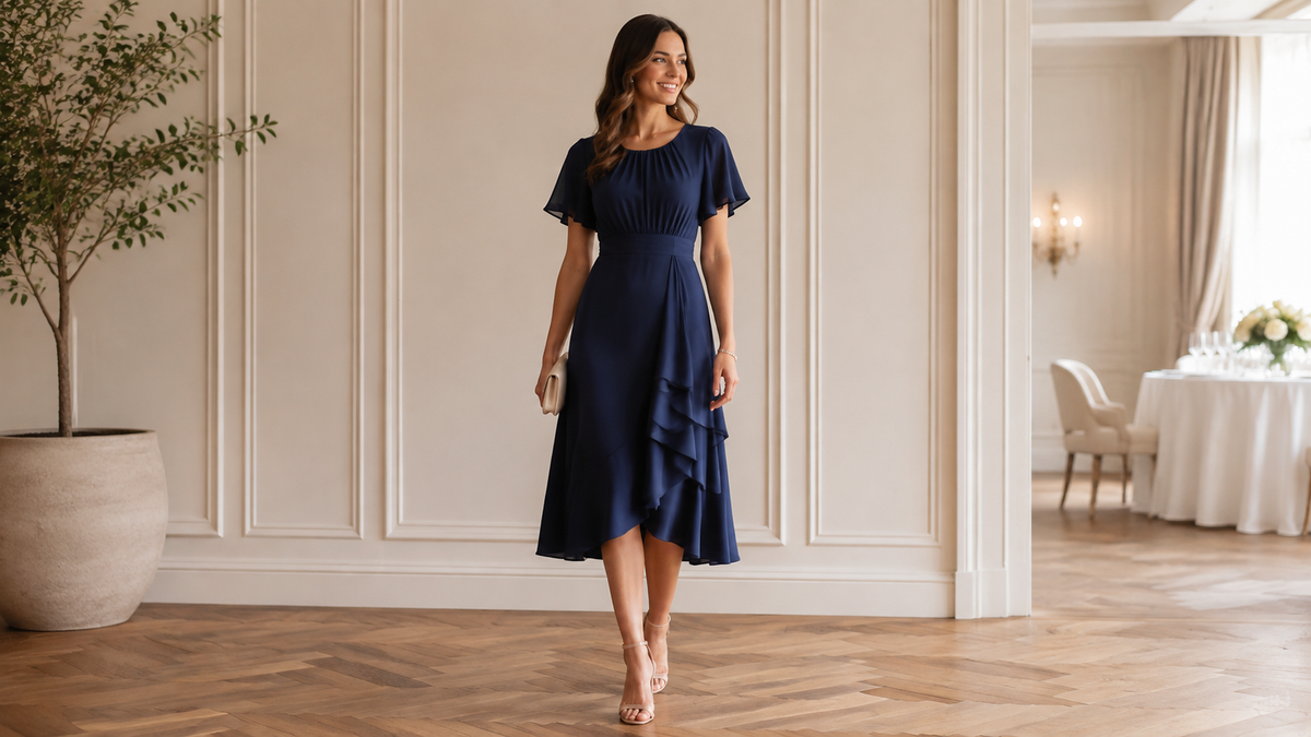 Semi-formal navy midi dress in an elegant event interior