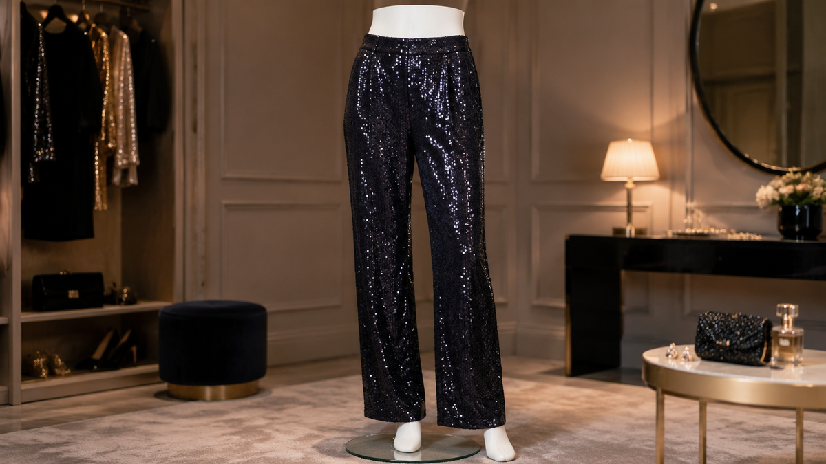 Black sequin pants displayed in an evening dressing room