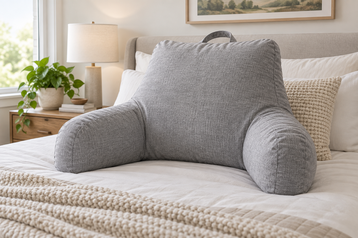 Shredded foam reading pillow on a bed