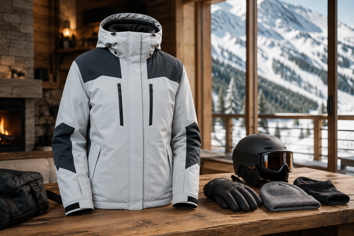 Unbranded ski jacket displayed with winter accessories
