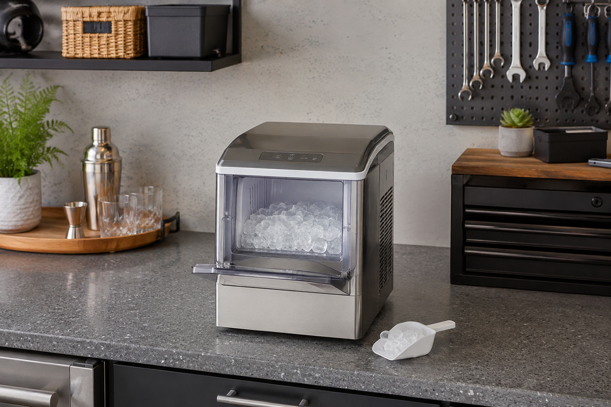Generic small freestanding ice maker in a home bar
