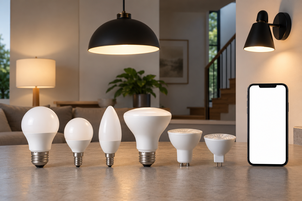 Generic smart bulbs in several shapes and base sizes with a phone