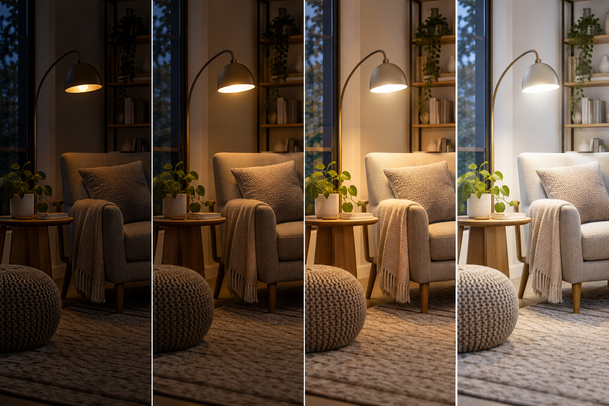 Smart LED bulbs showing different brightness levels in a reading corner