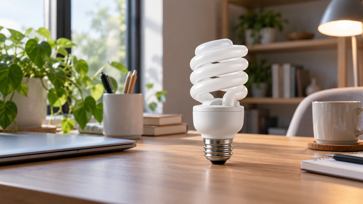 Spiral CFL-style bulb on a bright home-office desk