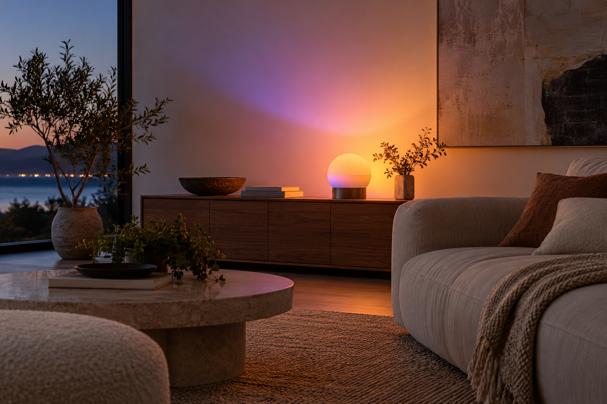 Minimal smart mood lamp casting soft color on a calm living room wall