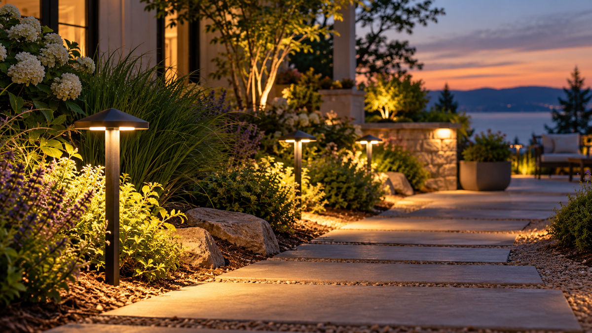 Smart outdoor garden lamps illuminating a landscaped path at dusk