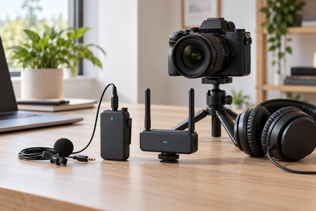 Wireless microphone media production kit with camera and headphones