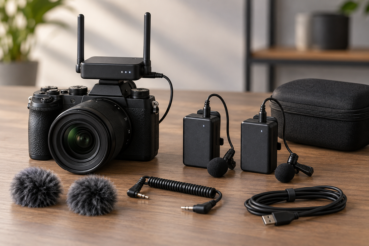 Camera wireless microphone kit with two transmitters