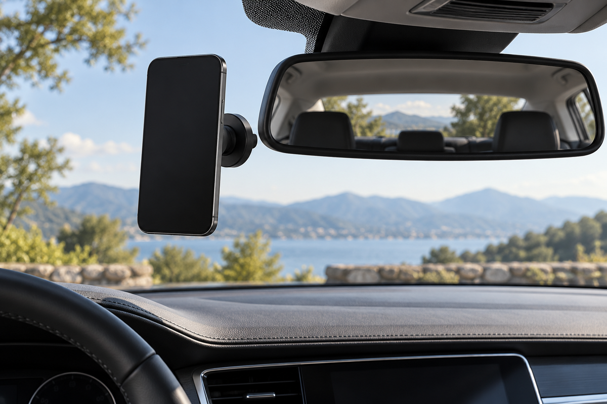 Phone mount near a rearview mirror in a parked car